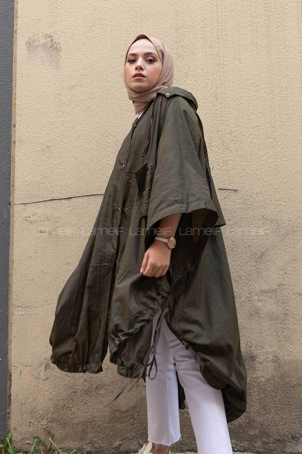 Modalamelif Oversize Kapşonlu Panço Haki