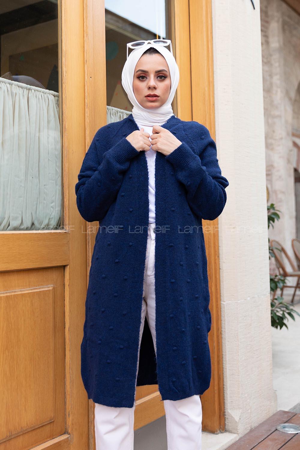 Modalamelif Ponpolu Salaş Triko Hırka Lacivert