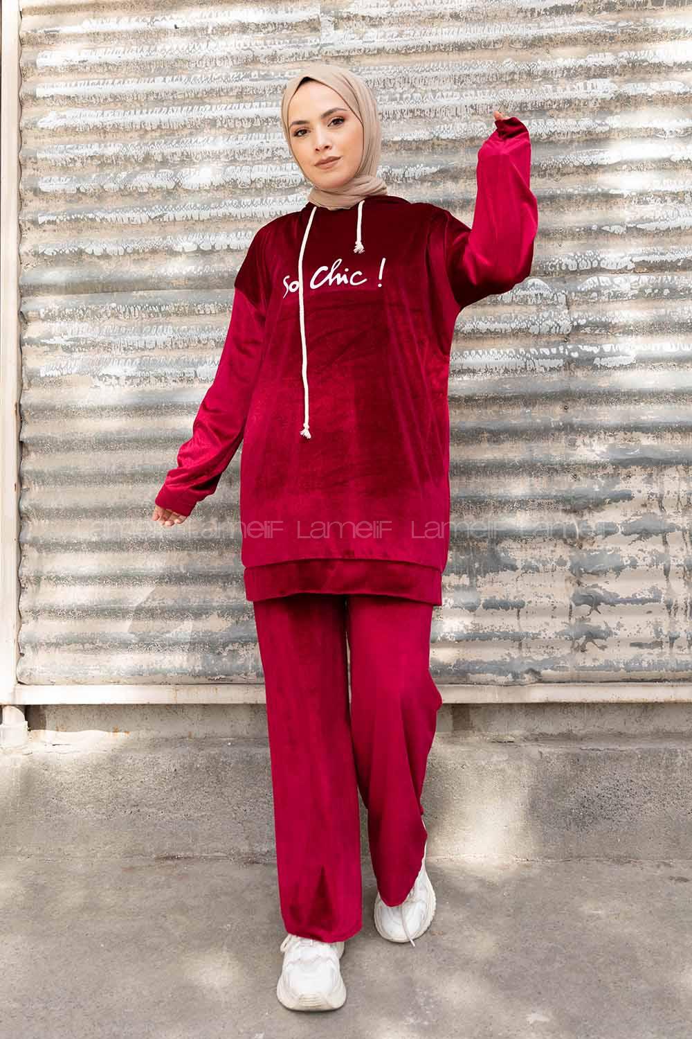 Modalamelif So Chic Baskılı Kadife İkili Takım Bordo