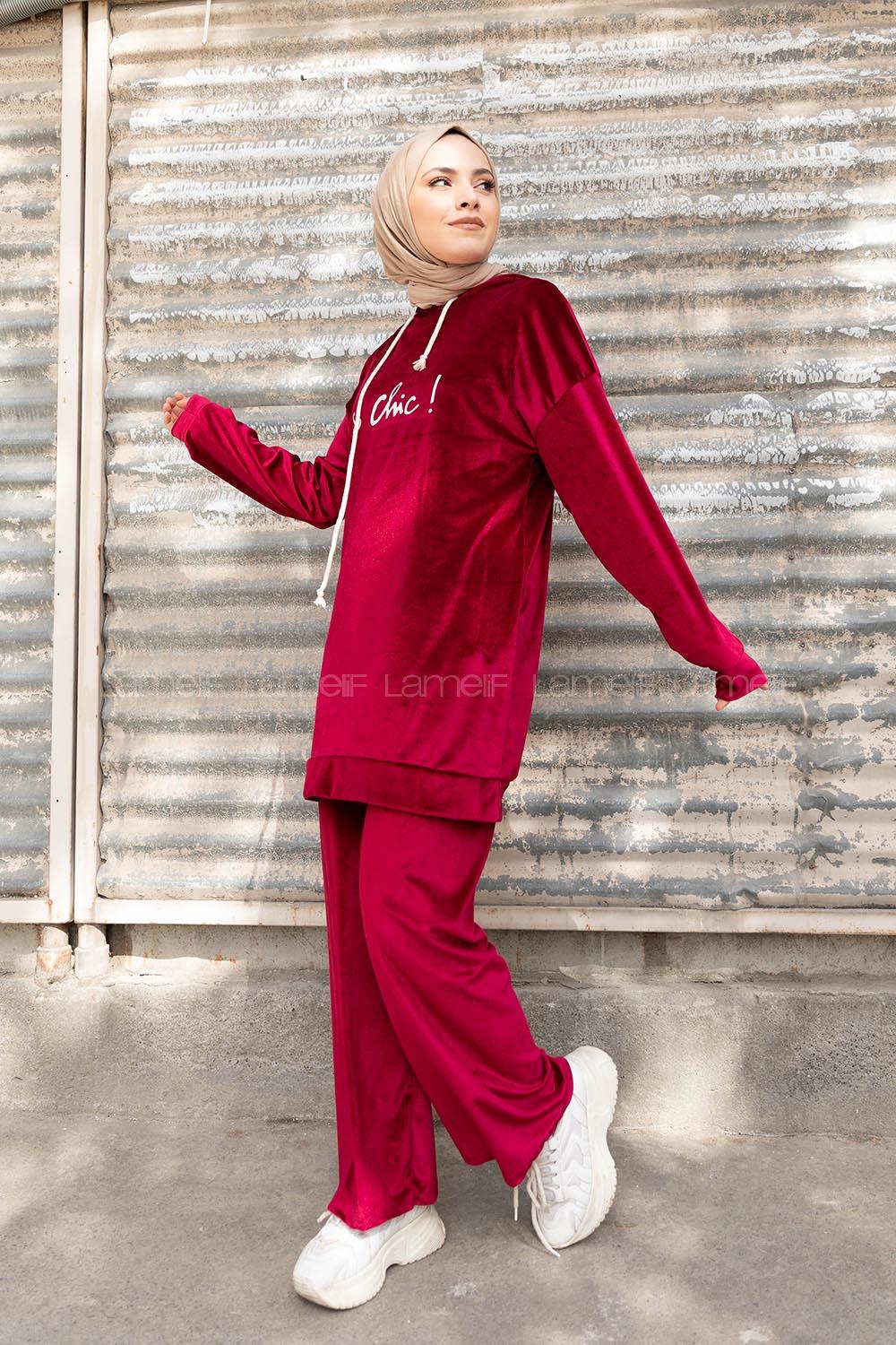 Modalamelif So Chic Baskılı Kadife İkili Takım Bordo