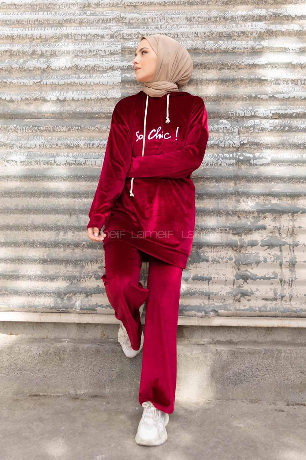 Modalamelif So Chic Baskılı Kadife İkili Takım Bordo