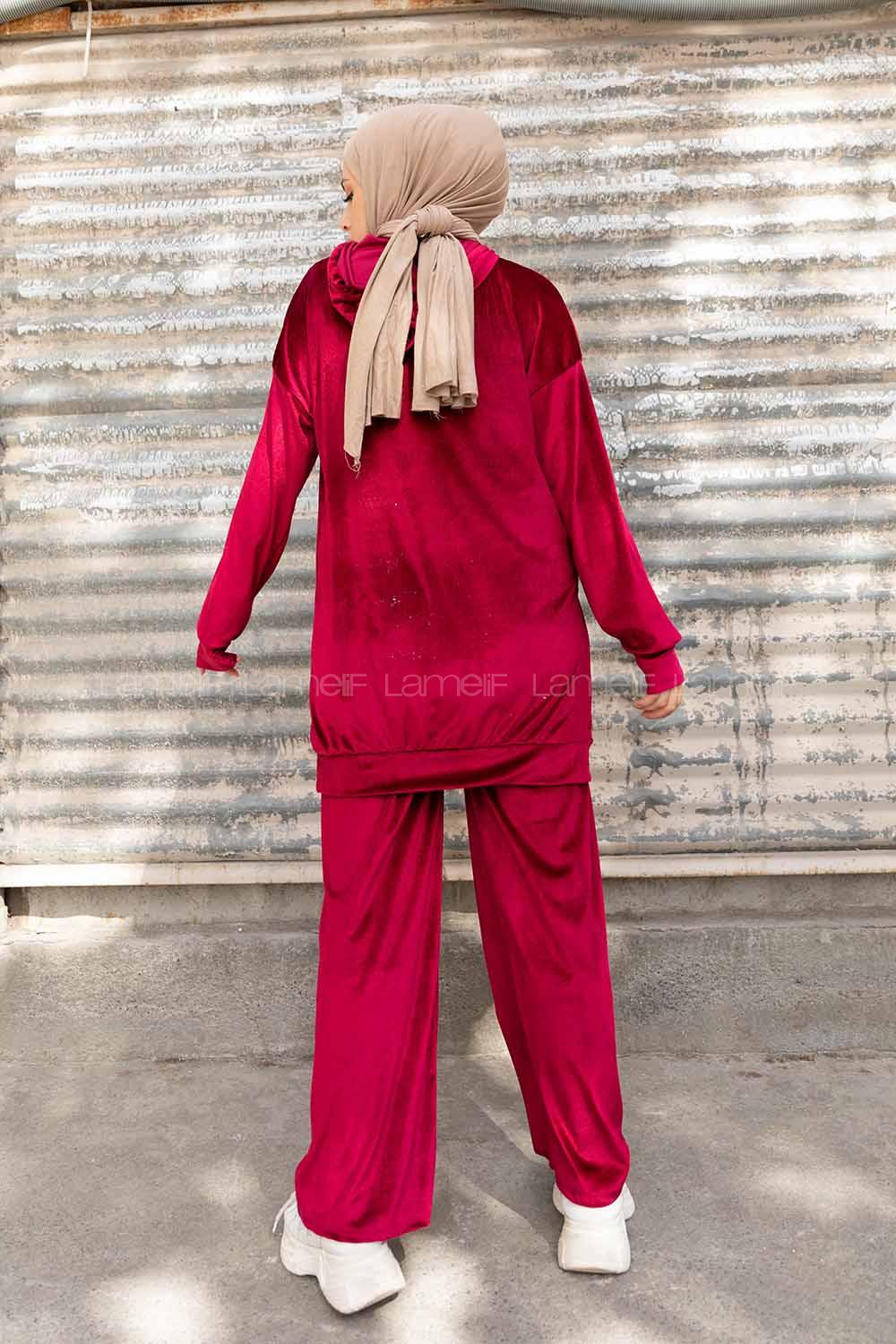 Modalamelif So Chic Baskılı Kadife İkili Takım Bordo