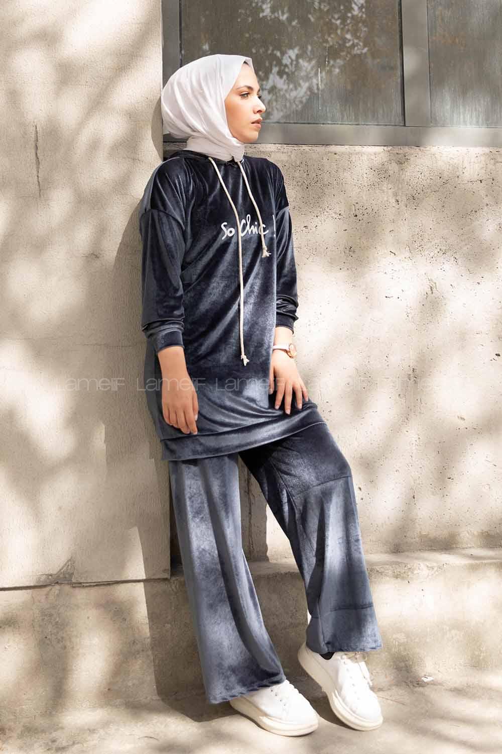 Modalamelif So Chic Baskılı Kadife İkili Takım Gri