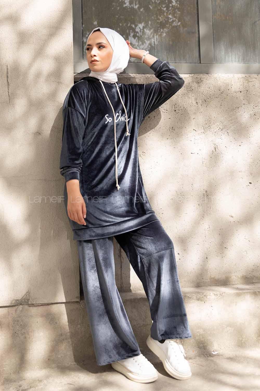 Modalamelif So Chic Baskılı Kadife İkili Takım Gri