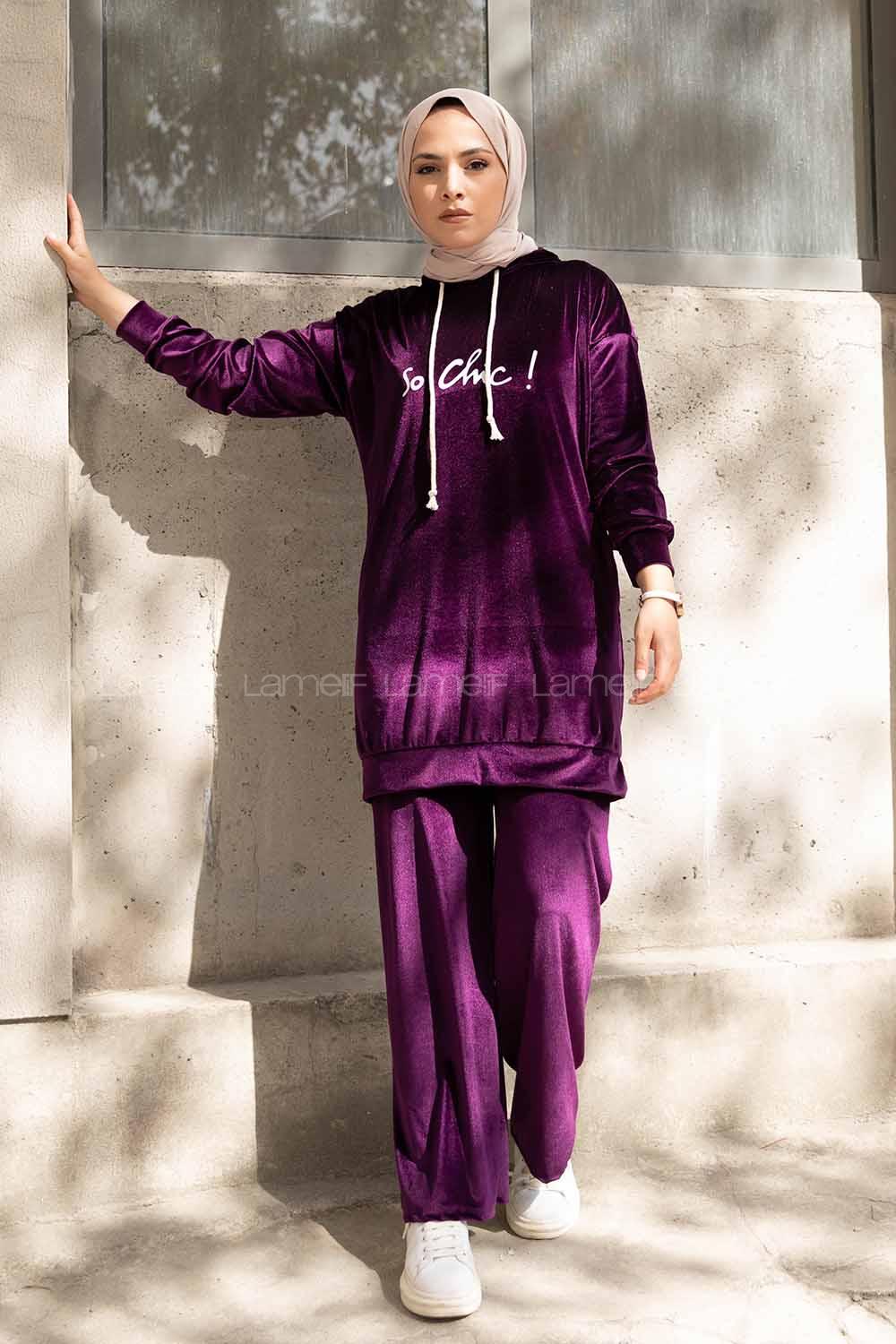 Modalamelif So Chic Baskılı Kadife İkili Takım Mor