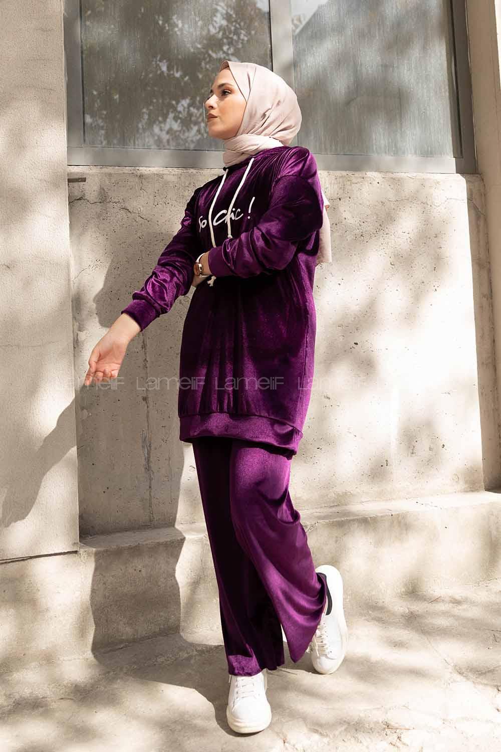 Modalamelif So Chic Baskılı Kadife İkili Takım Mor