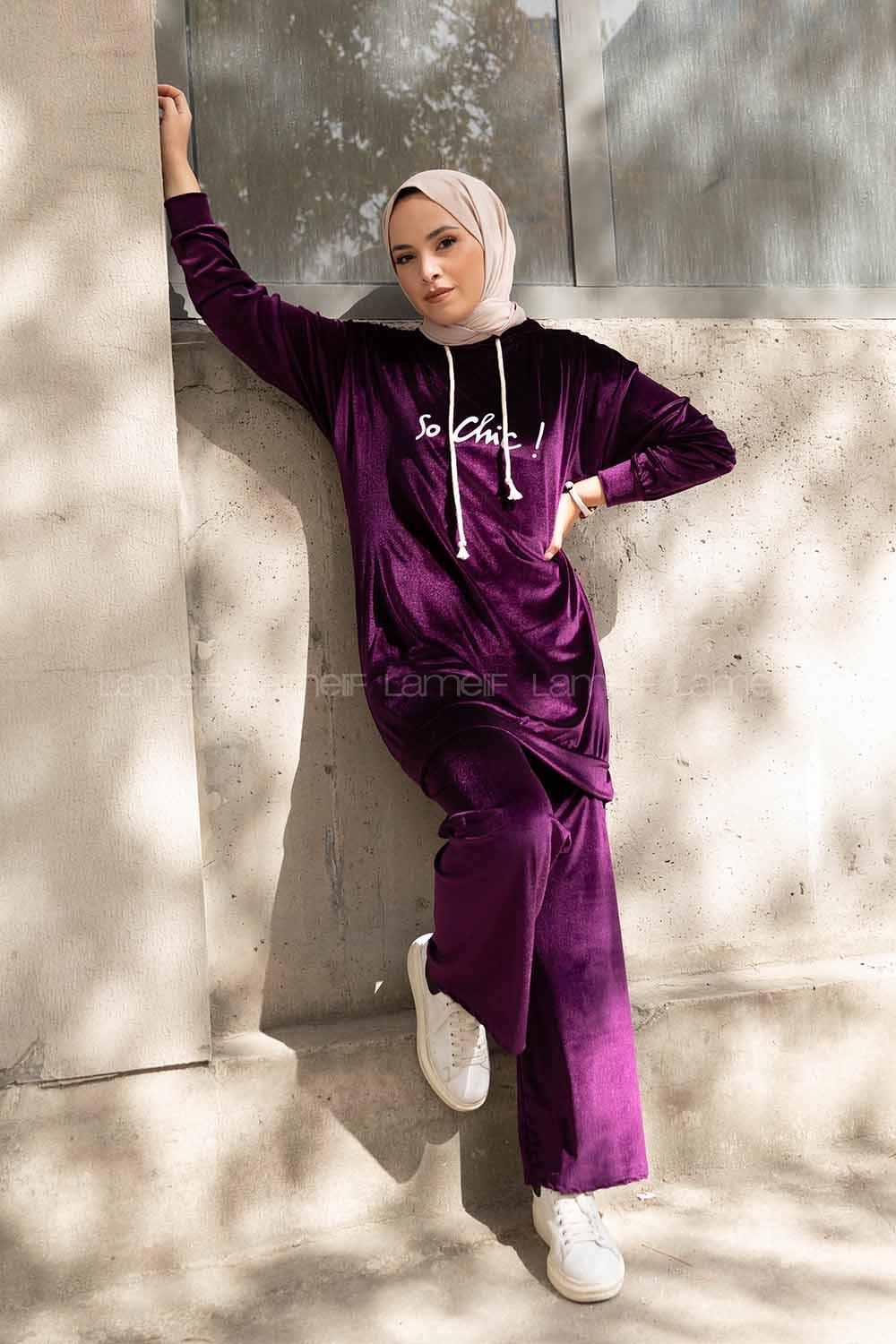 Modalamelif So Chic Baskılı Kadife İkili Takım Mor