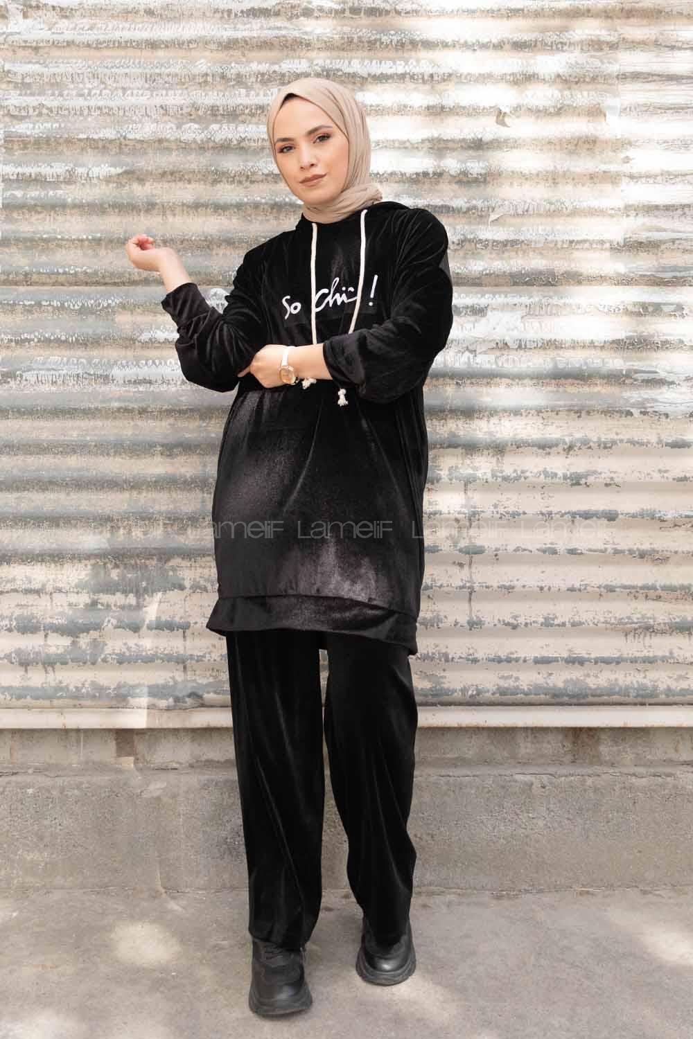 Modalamelif So Chic Baskılı Kadife İkili Takım Siyah