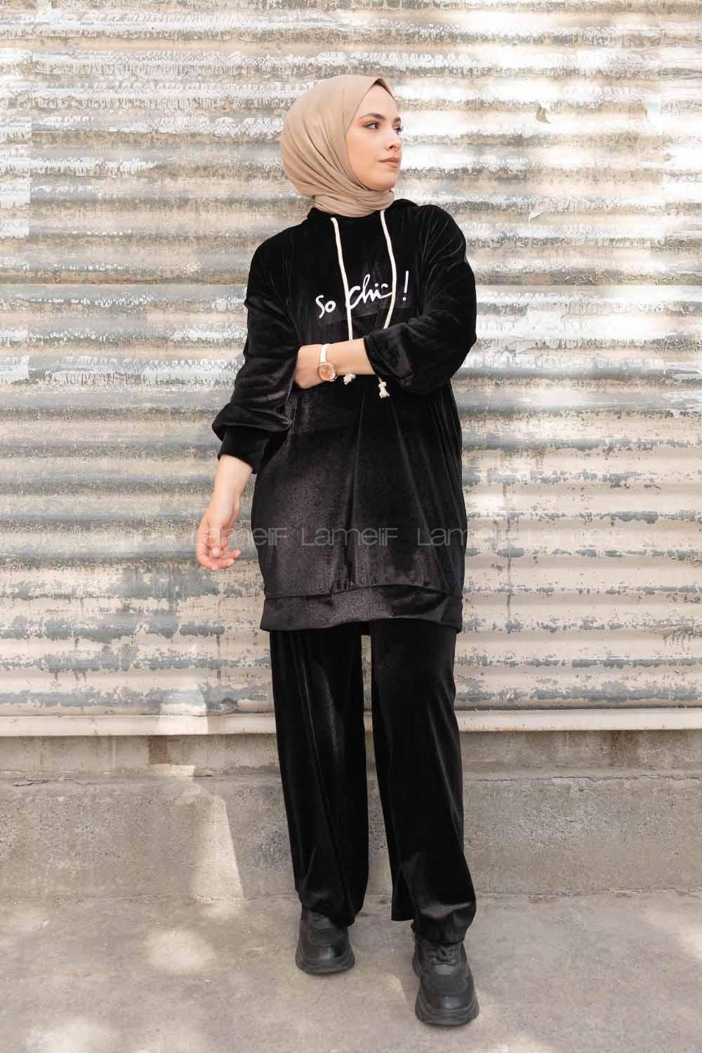 Modalamelif So Chic Baskılı Kadife İkili Takım Siyah