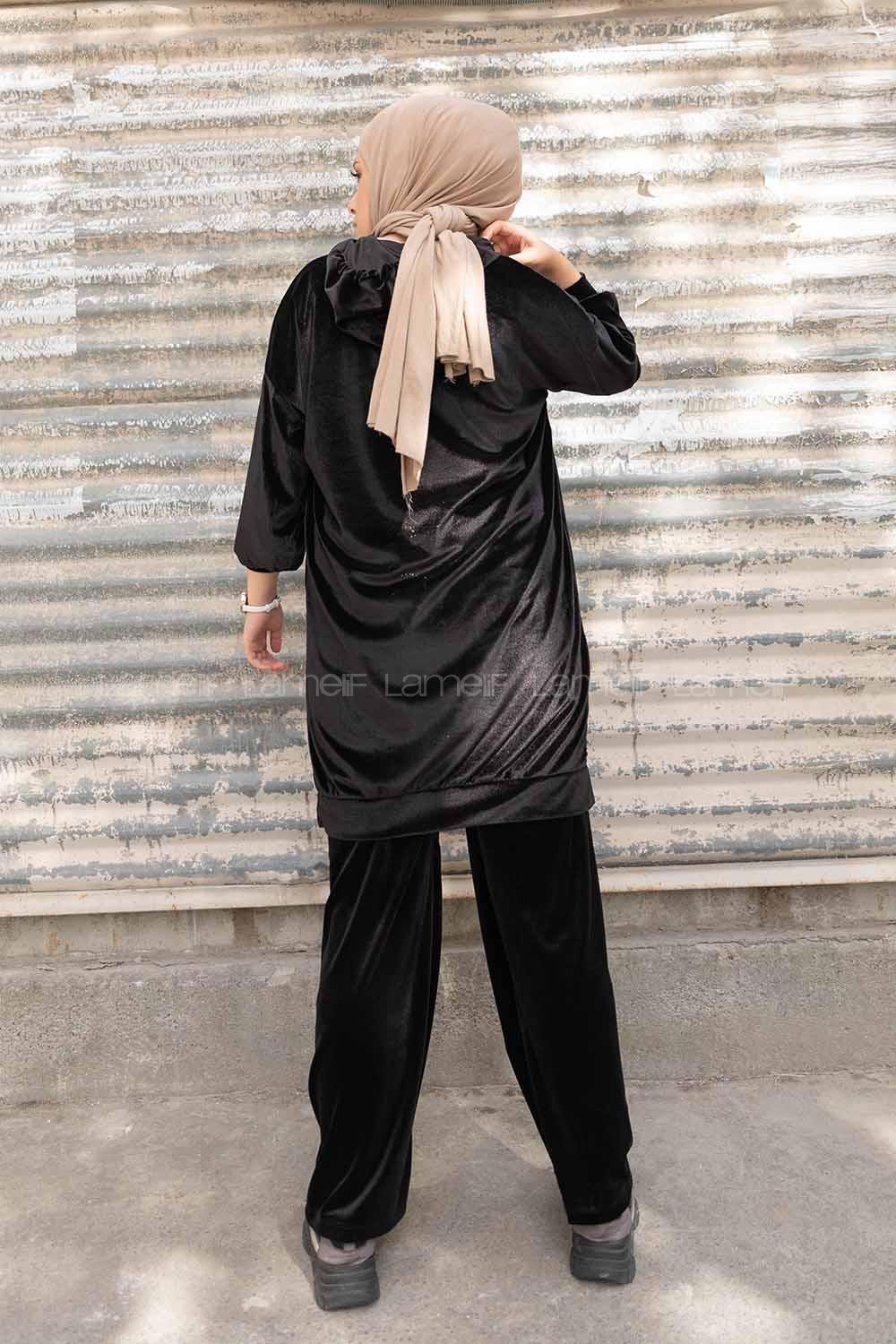 Modalamelif So Chic Baskılı Kadife İkili Takım Siyah