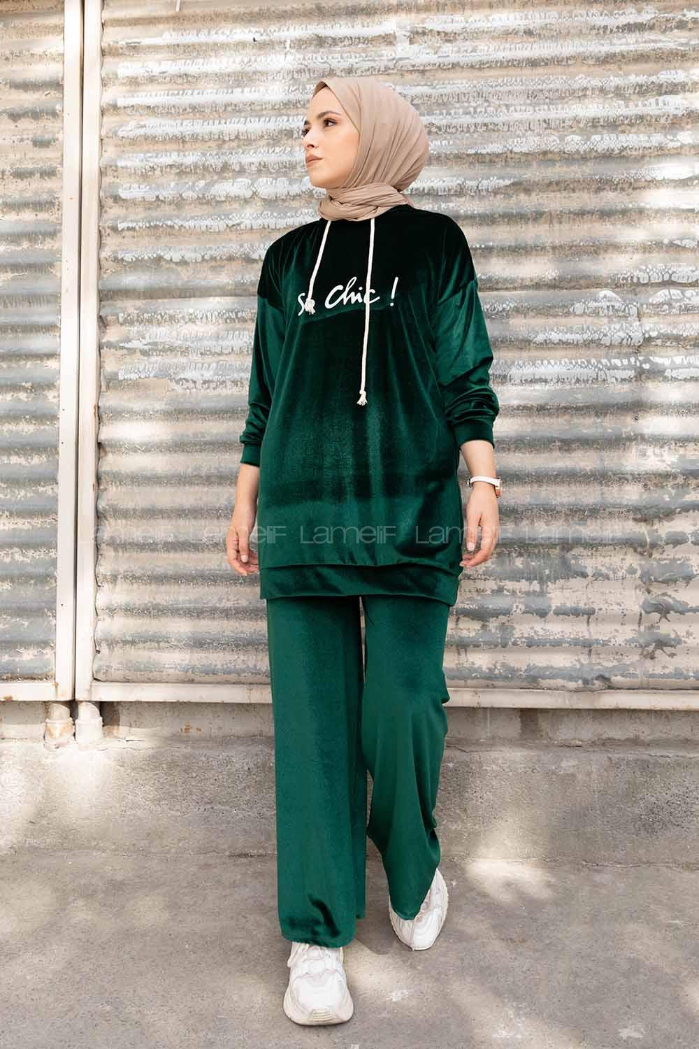 Modalamelif So Chic Baskılı Kadife İkili Takım Yeşil