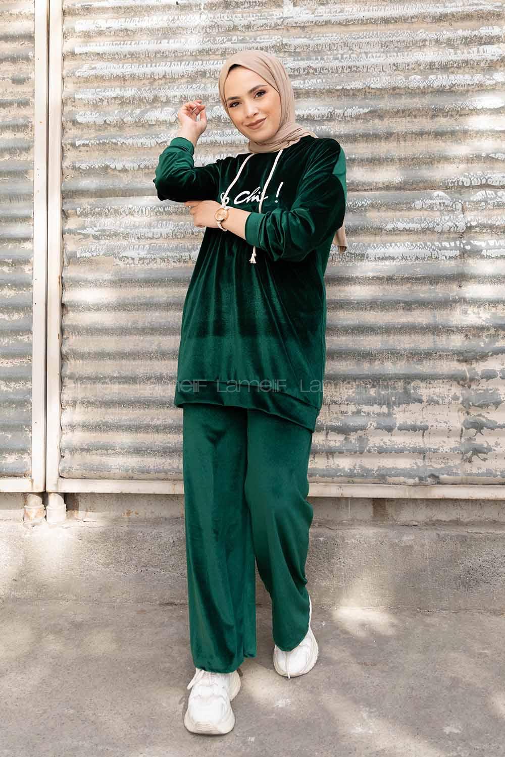 Modalamelif So Chic Baskılı Kadife İkili Takım Yeşil