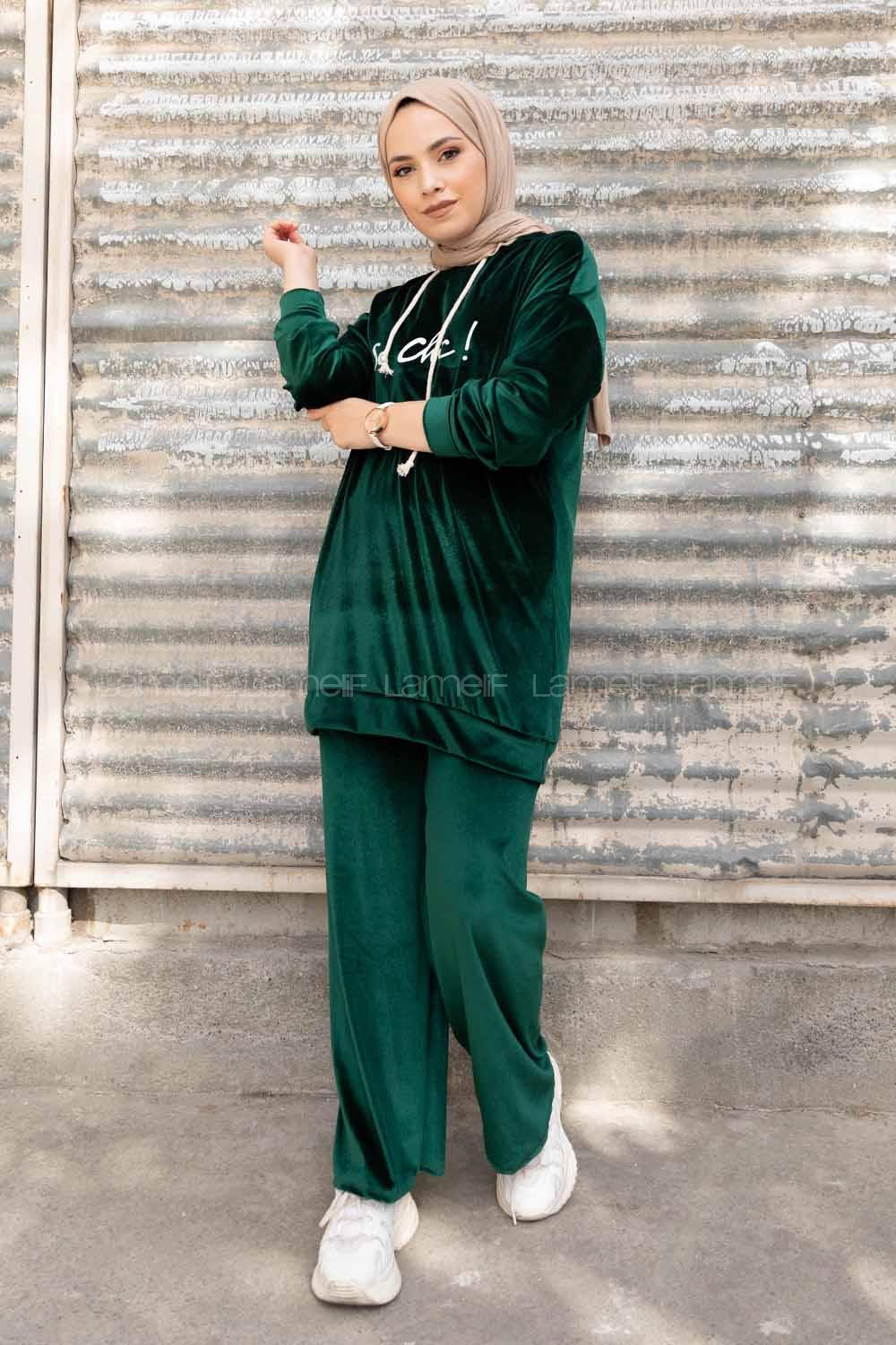 Modalamelif So Chic Baskılı Kadife İkili Takım Yeşil