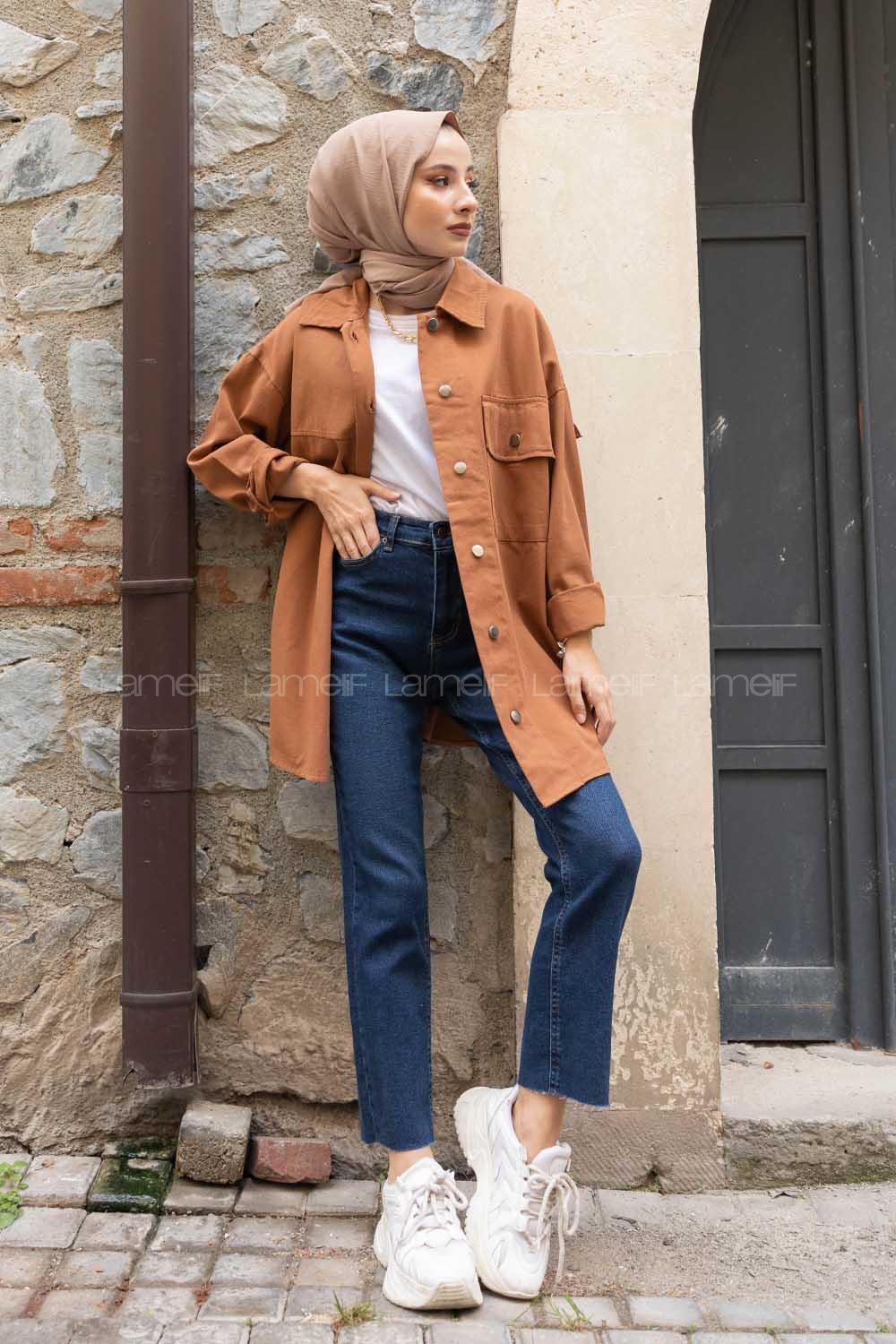 Modalamelif Tek Cep Metal Düğmeli Ceket Taba