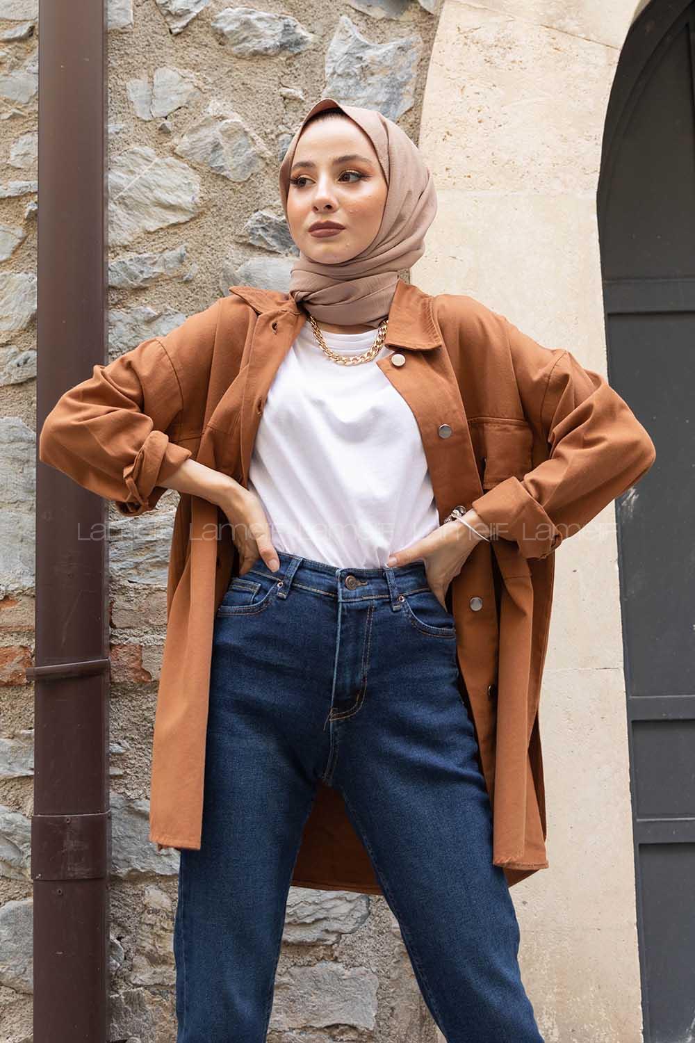 Modalamelif Tek Cep Metal Düğmeli Ceket Taba