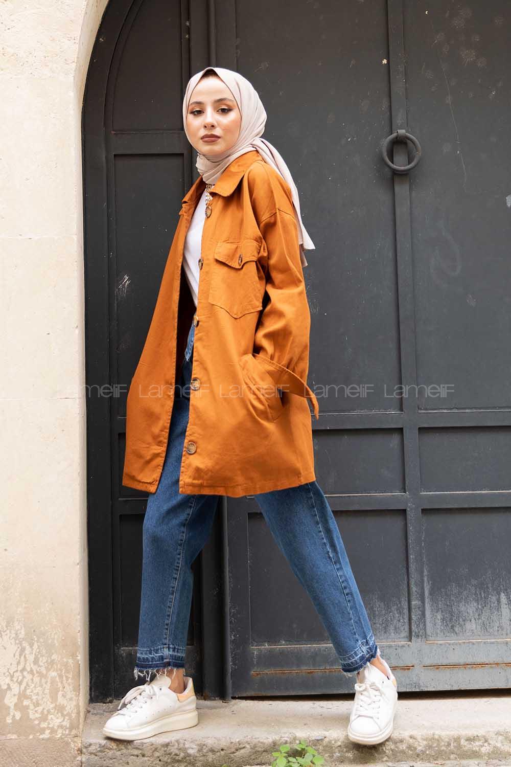 Modalamelif Düğmeli Büyük Yaka Detaylı Ceket Taba