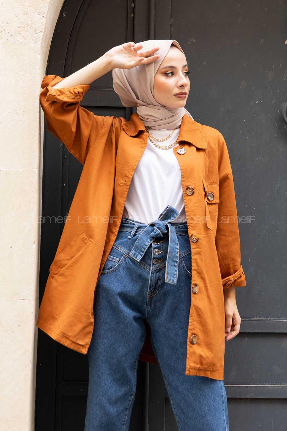 Modalamelif Düğmeli Büyük Yaka Detaylı Ceket Taba