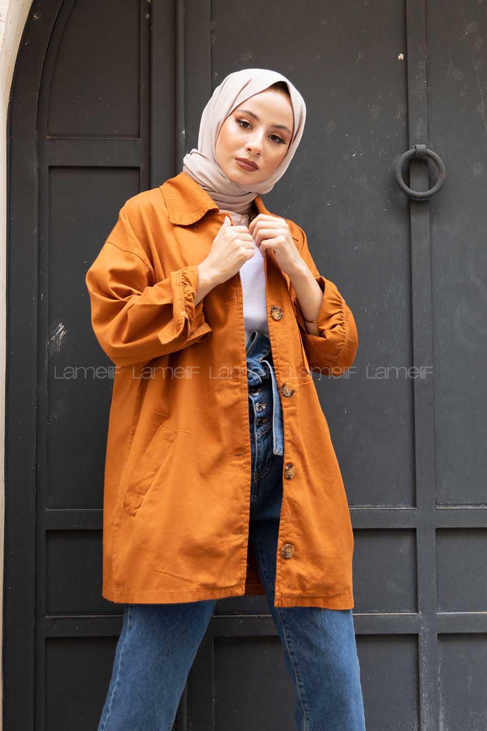 Modalamelif Düğmeli Büyük Yaka Detaylı Ceket Taba