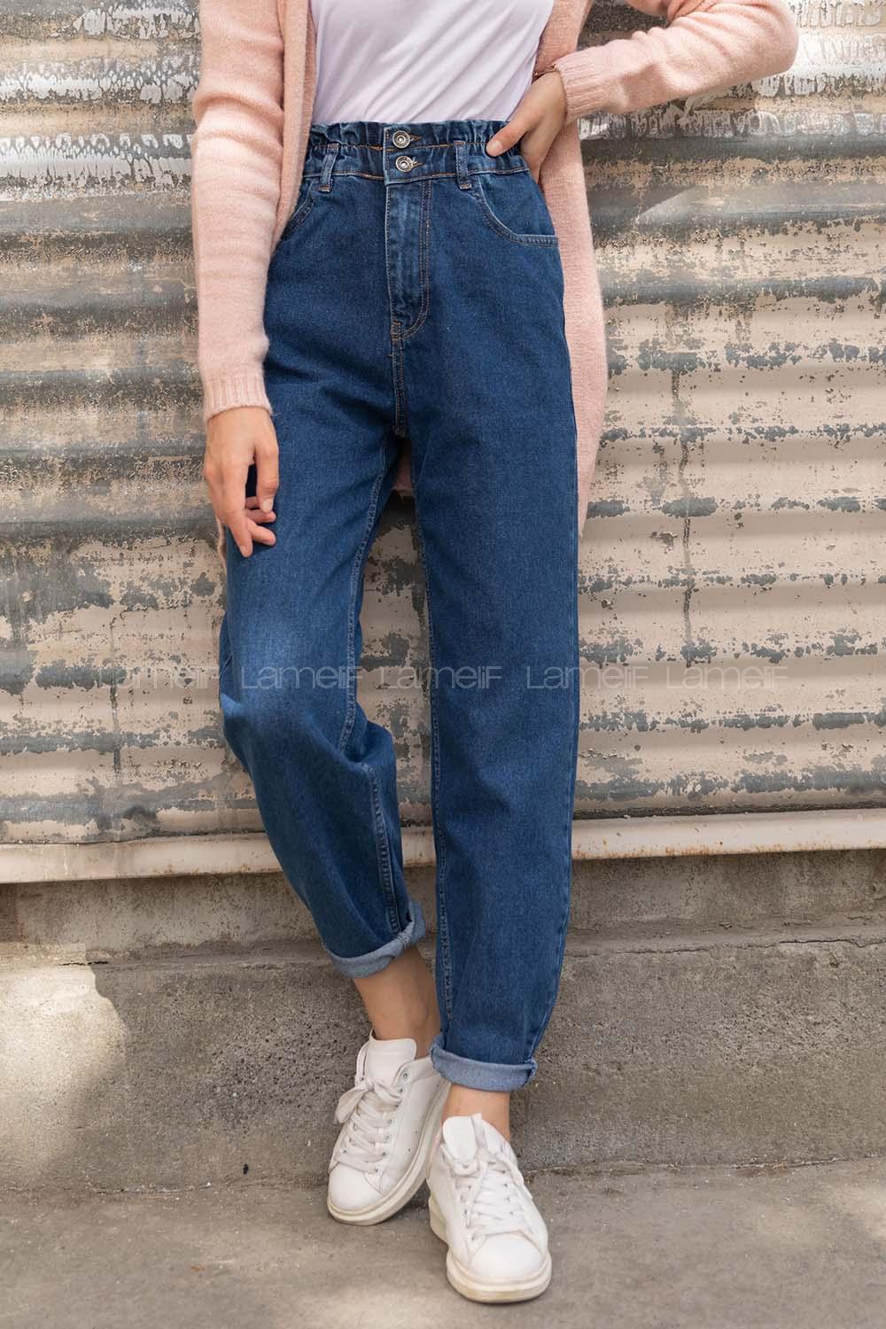 Modalamelif Beli  Lastikli Jean Koyu Mavi