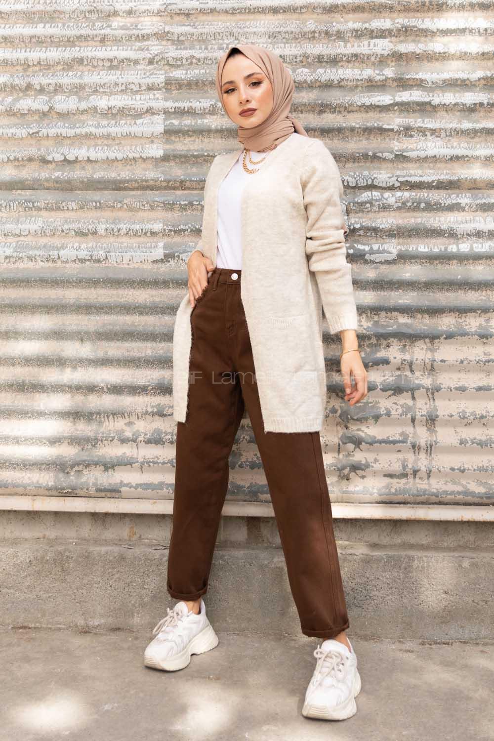 Modalamelif Çift Cepli Ara Boy Triko Hırka Taş