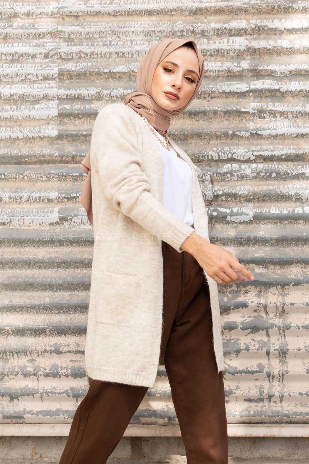 Modalamelif Çift Cepli Ara Boy Triko Hırka Taş