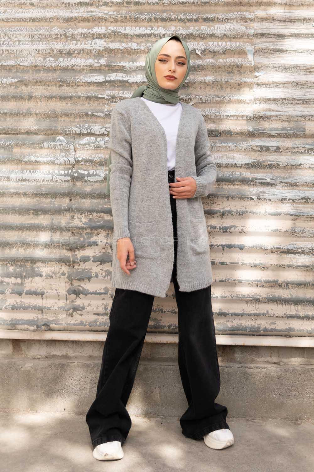 Modalamelif Çift Cepli Ara Boy Triko Hırka Gri