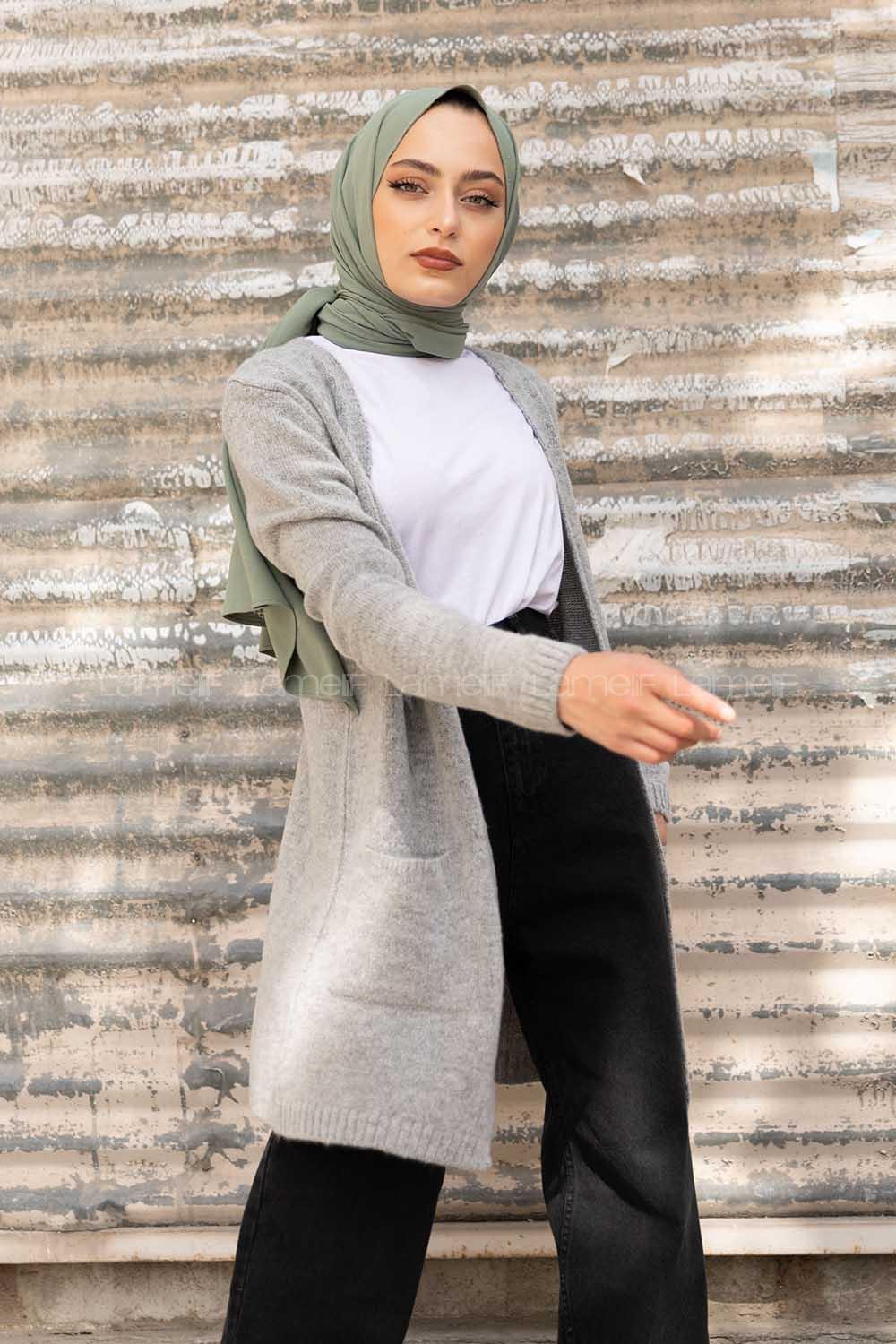 Modalamelif Çift Cepli Ara Boy Triko Hırka Gri