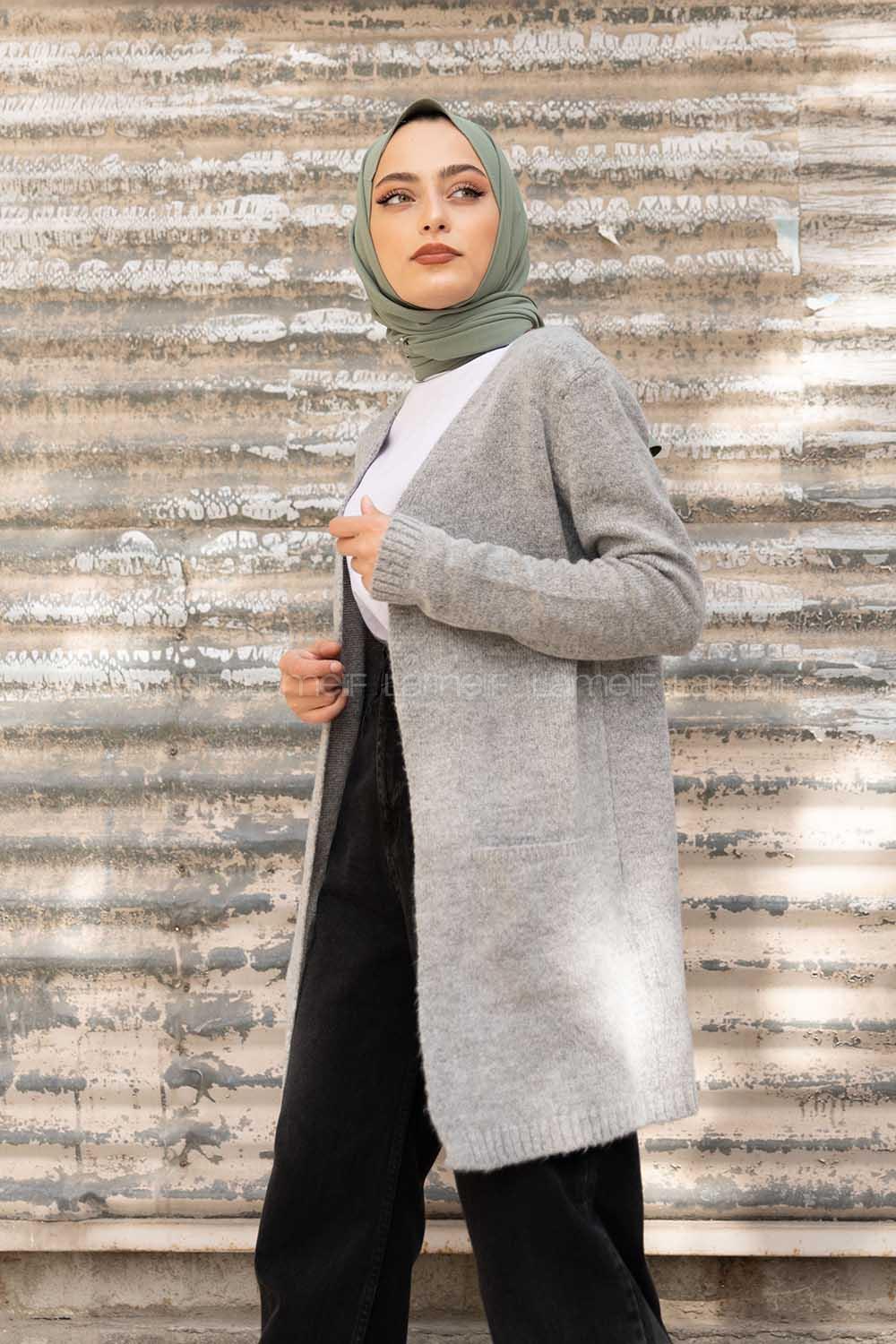 Modalamelif Çift Cepli Ara Boy Triko Hırka Gri