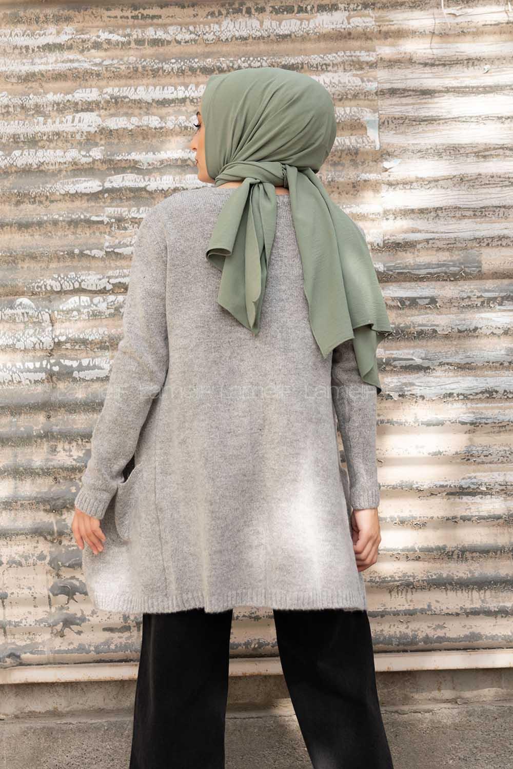 Modalamelif Çift Cepli Ara Boy Triko Hırka Gri