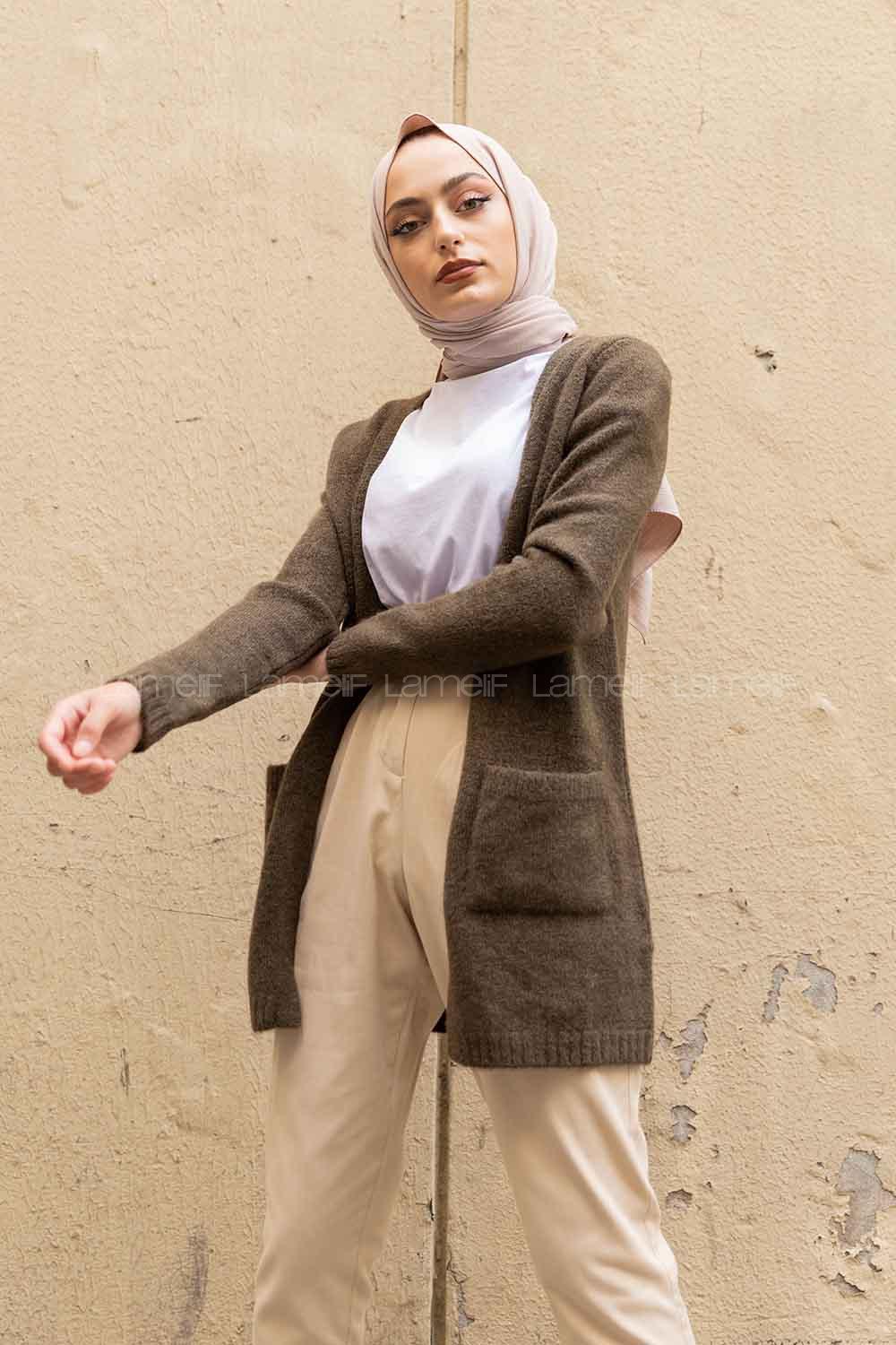 Modalamelif Çift Cepli Ara Boy Triko Hırka Haki