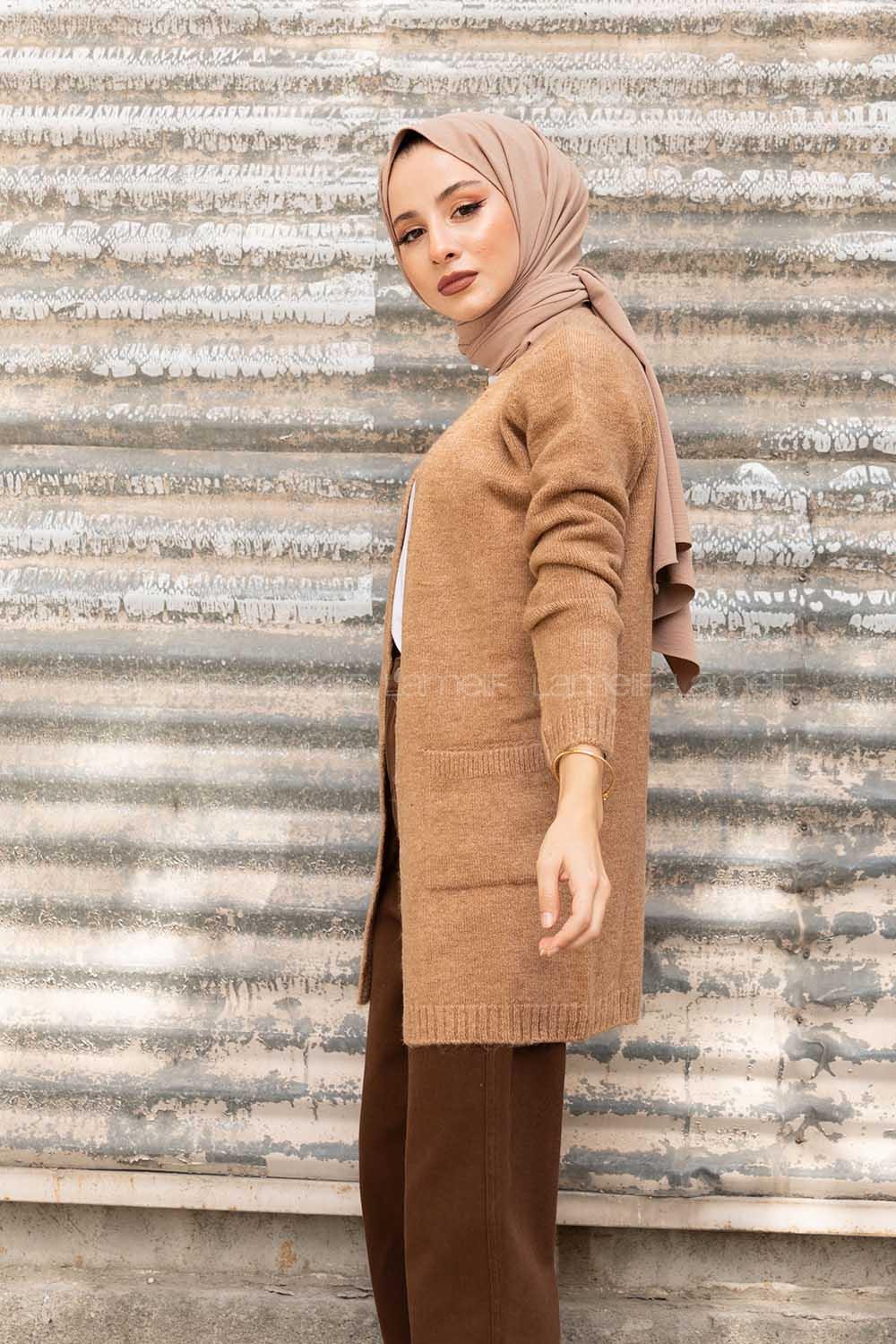 Modalamelif Çift Cepli Ara Boy Triko Hırka Karamel