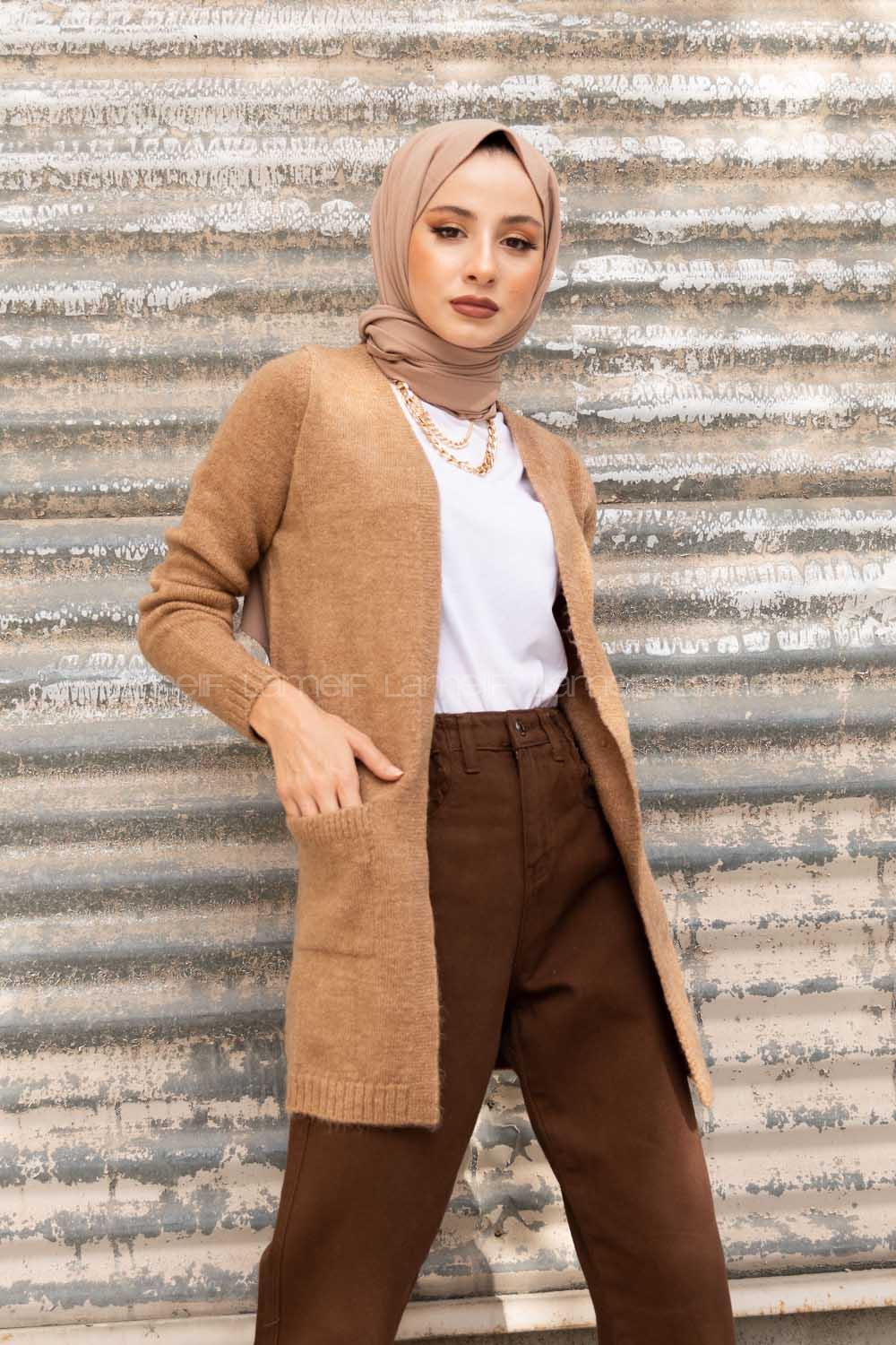 Modalamelif Çift Cepli Ara Boy Triko Hırka Karamel