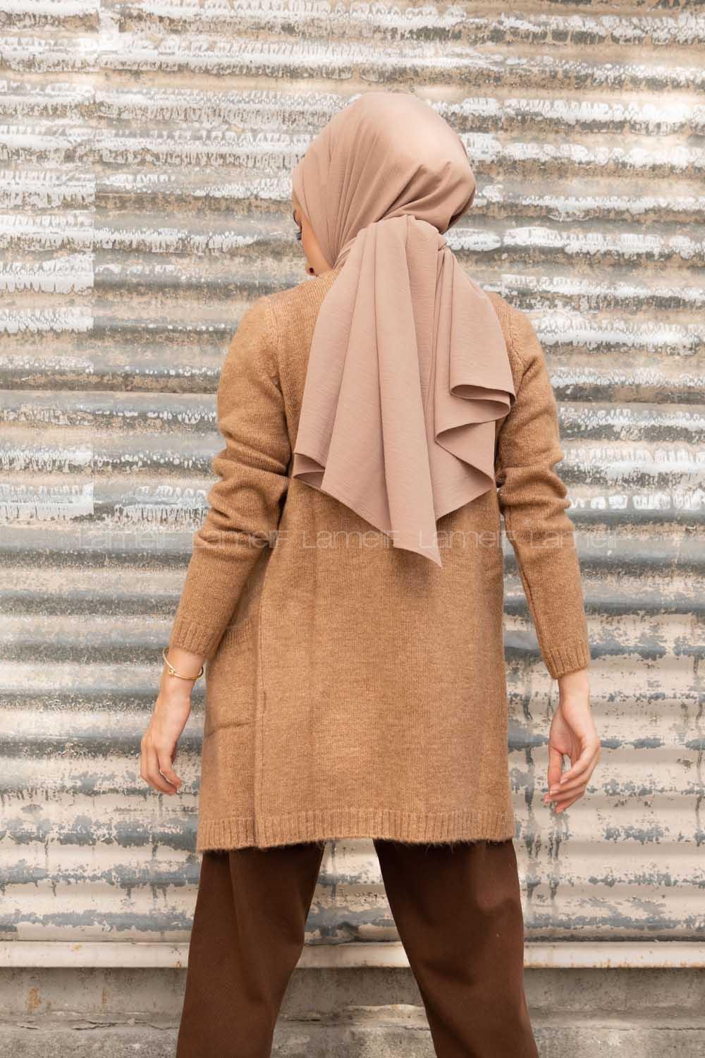 Modalamelif Çift Cepli Ara Boy Triko Hırka Karamel