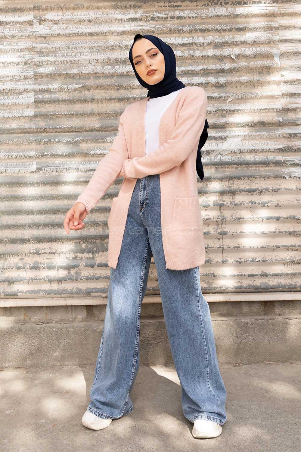 Modalamelif Çift Cepli Ara Boy Triko Hırka Pudra