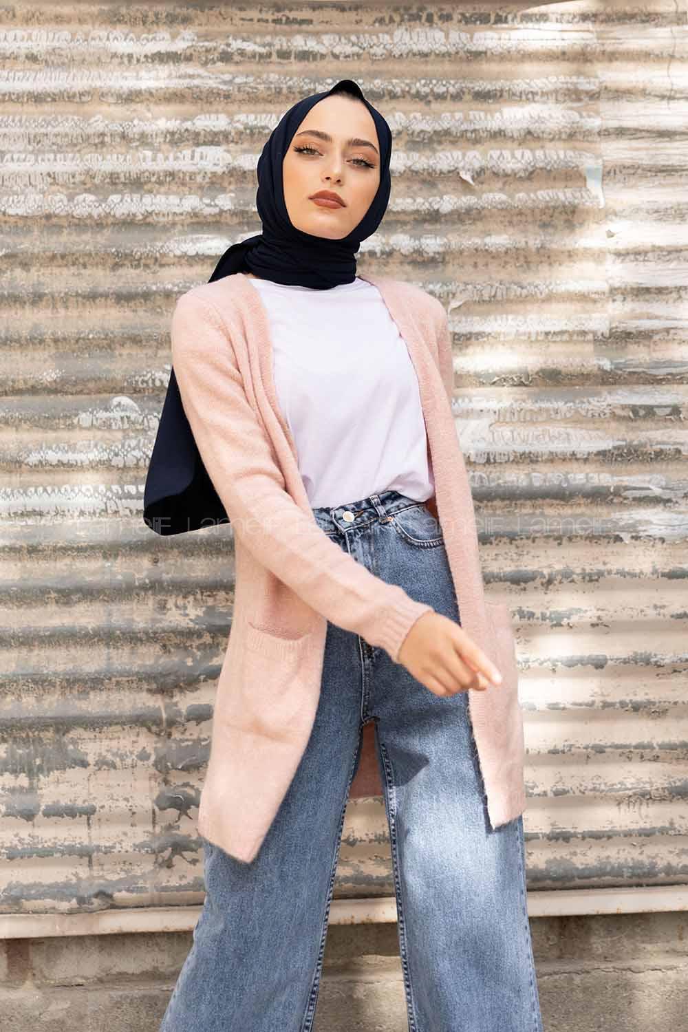 Modalamelif Çift Cepli Ara Boy Triko Hırka Pudra