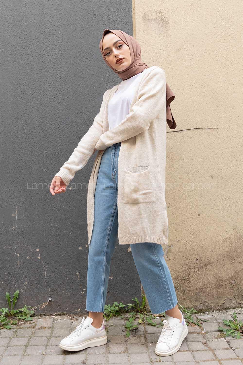 Modalamelif Çift Cepli Uzun Hırka Bej