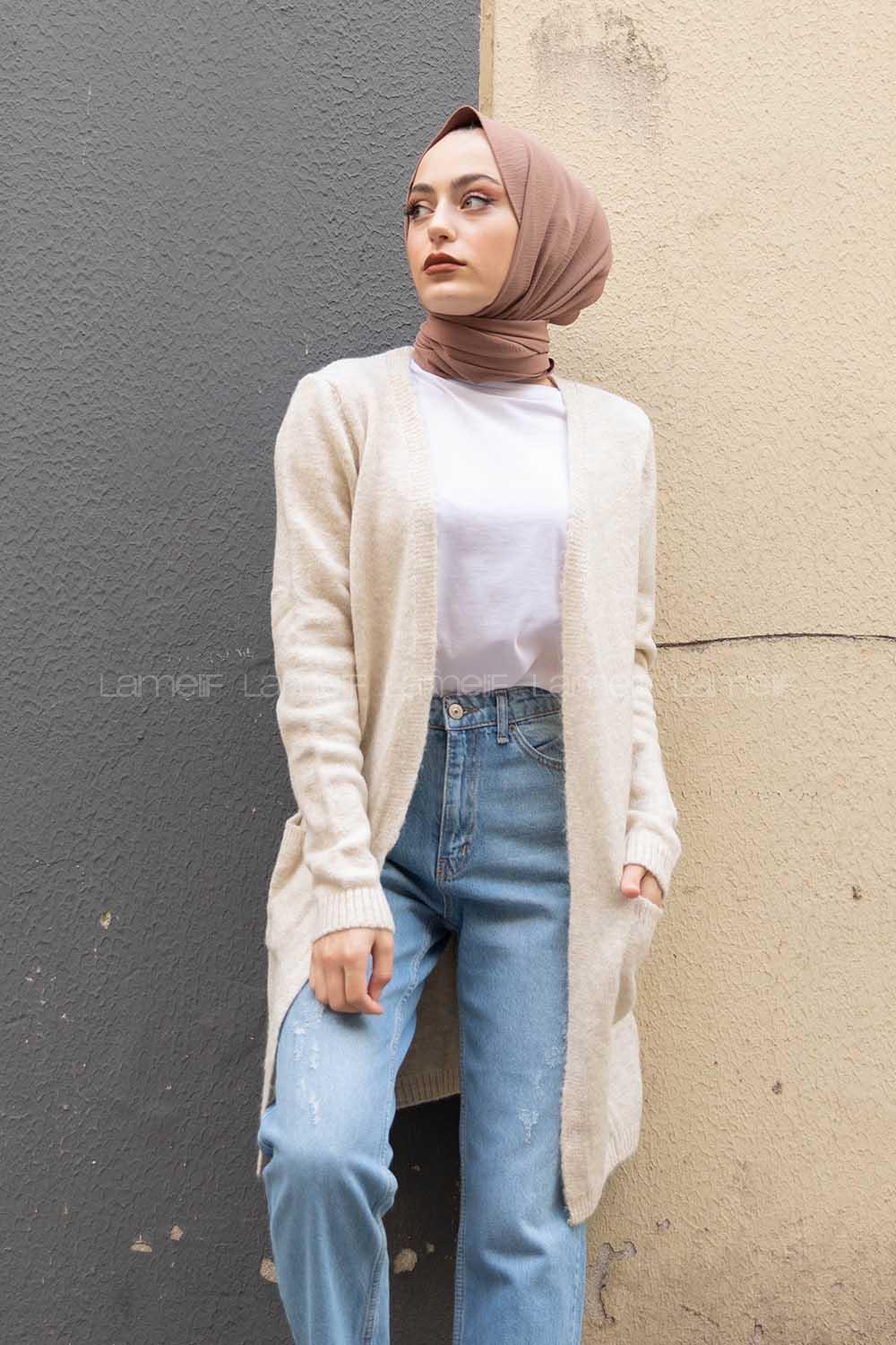 Modalamelif Çift Cepli Uzun Hırka Bej