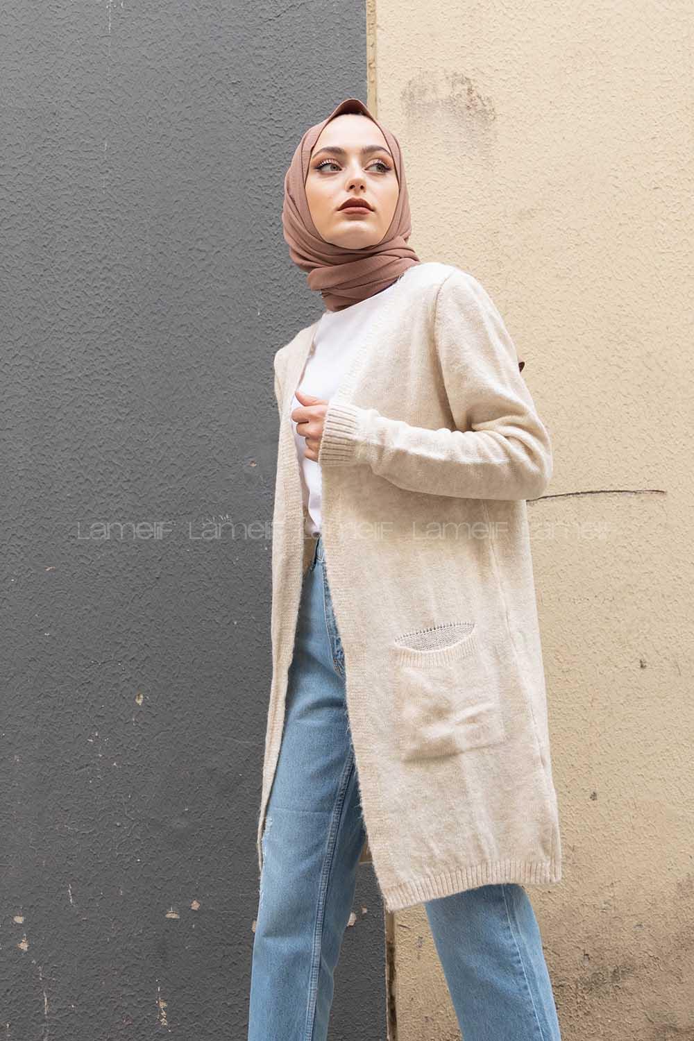 Modalamelif Çift Cepli Uzun Hırka Bej