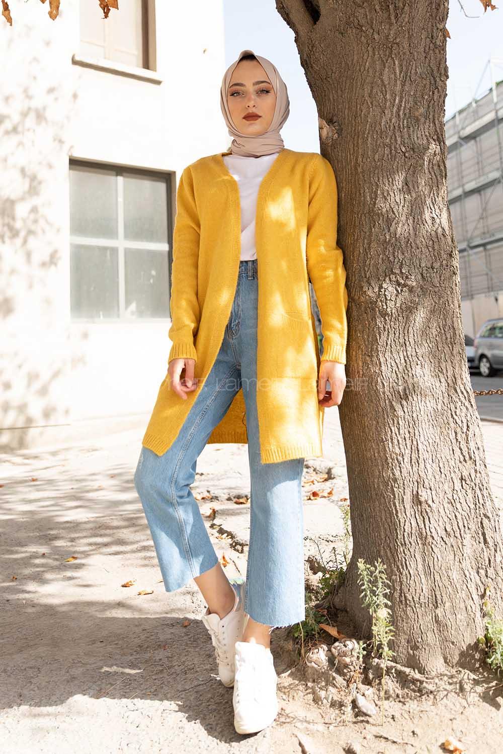 Modalamelif Çift Cepli Uzun Hırka Hardal Sarısı