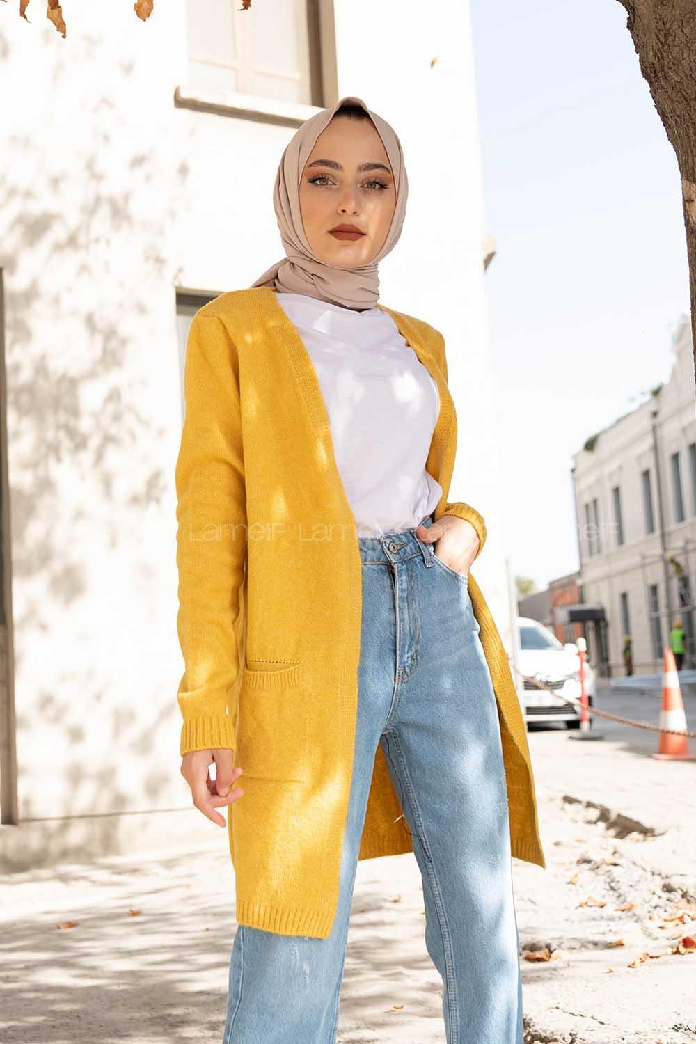 Modalamelif Çift Cepli Uzun Hırka Hardal Sarısı