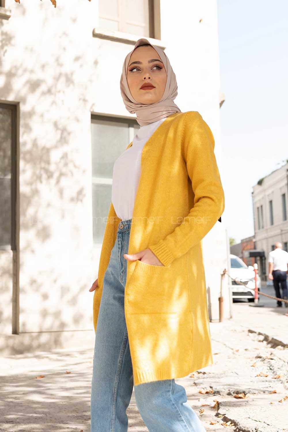 Modalamelif Çift Cepli Uzun Hırka Hardal Sarısı