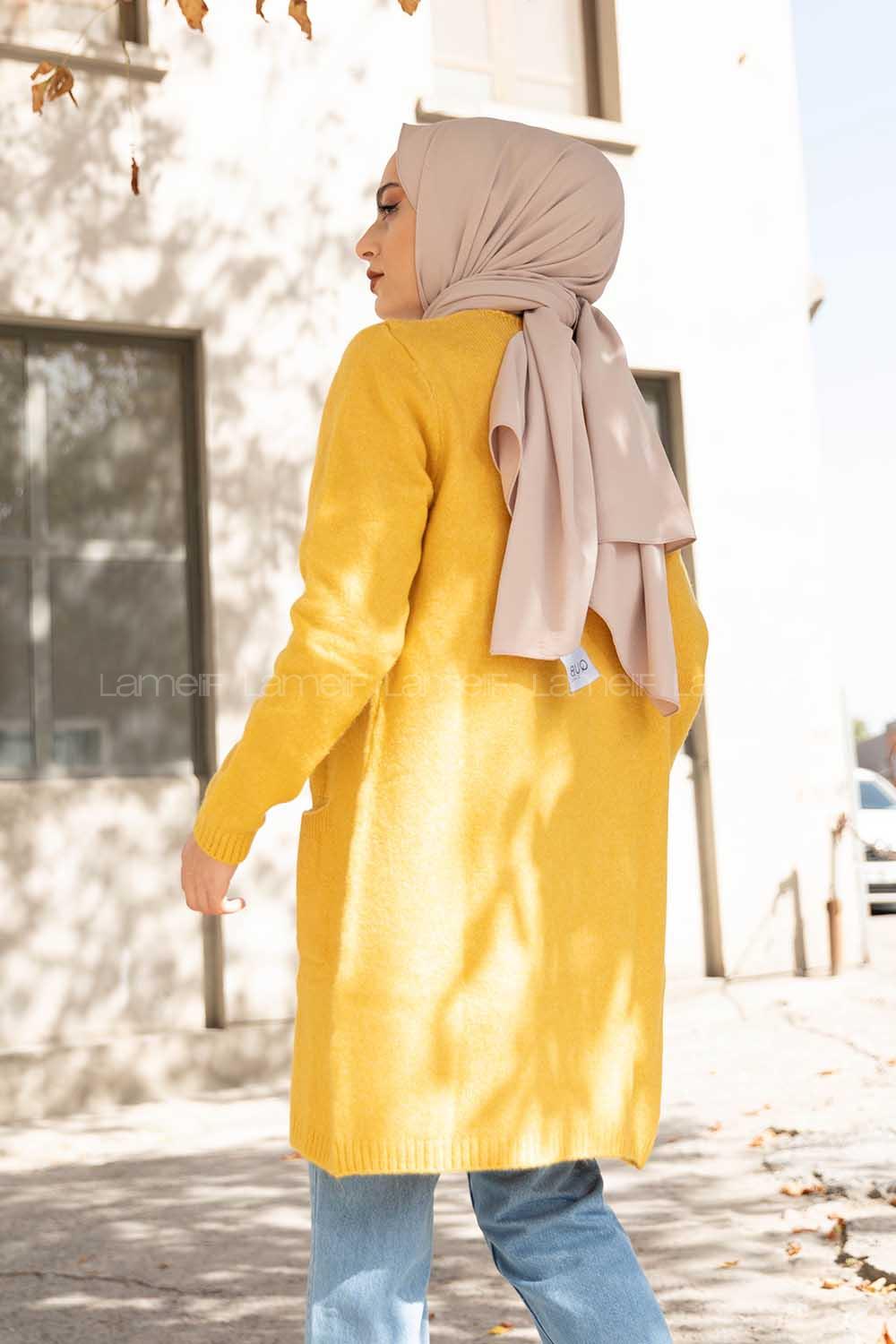 Modalamelif Çift Cepli Uzun Hırka Hardal Sarısı