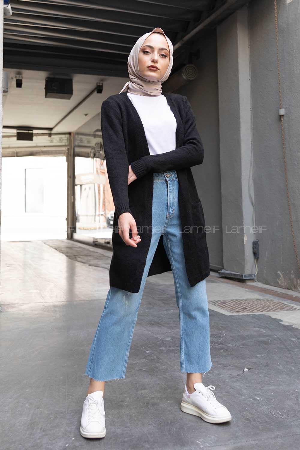 Modalamelif Çift Cepli Uzun Hırka Siyah