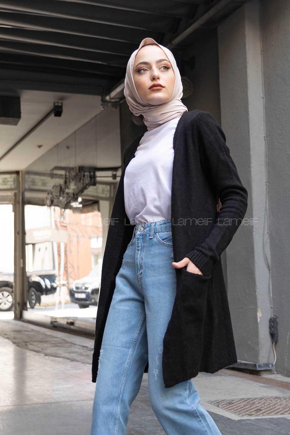 Modalamelif Çift Cepli Uzun Hırka Siyah