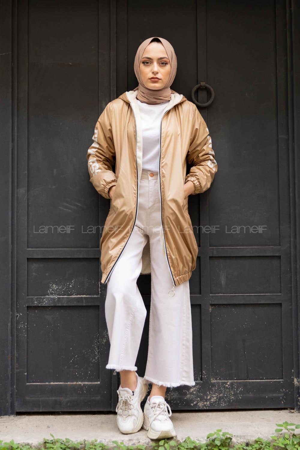 Modalamelif İçi Kürklü Kapşonlu Mont Bej