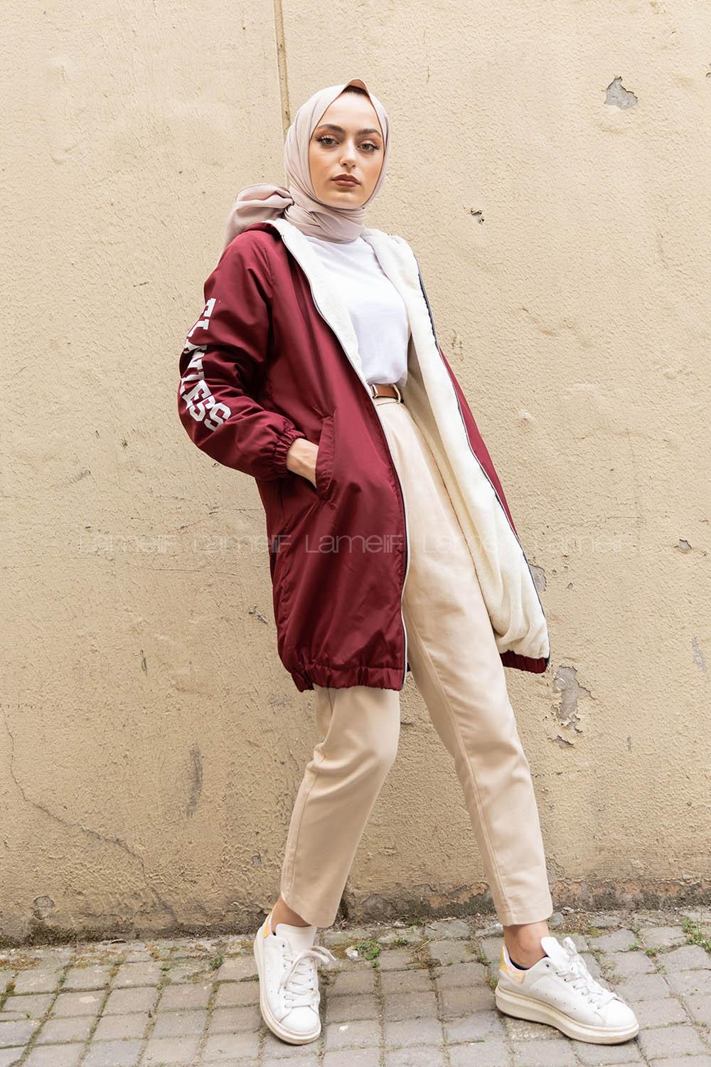 Modalamelif İçi Kürklü Kapşonlu Mont Bordo