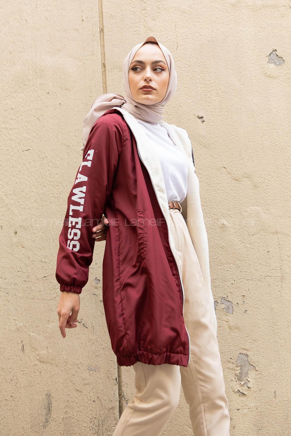 Modalamelif İçi Kürklü Kapşonlu Mont Bordo