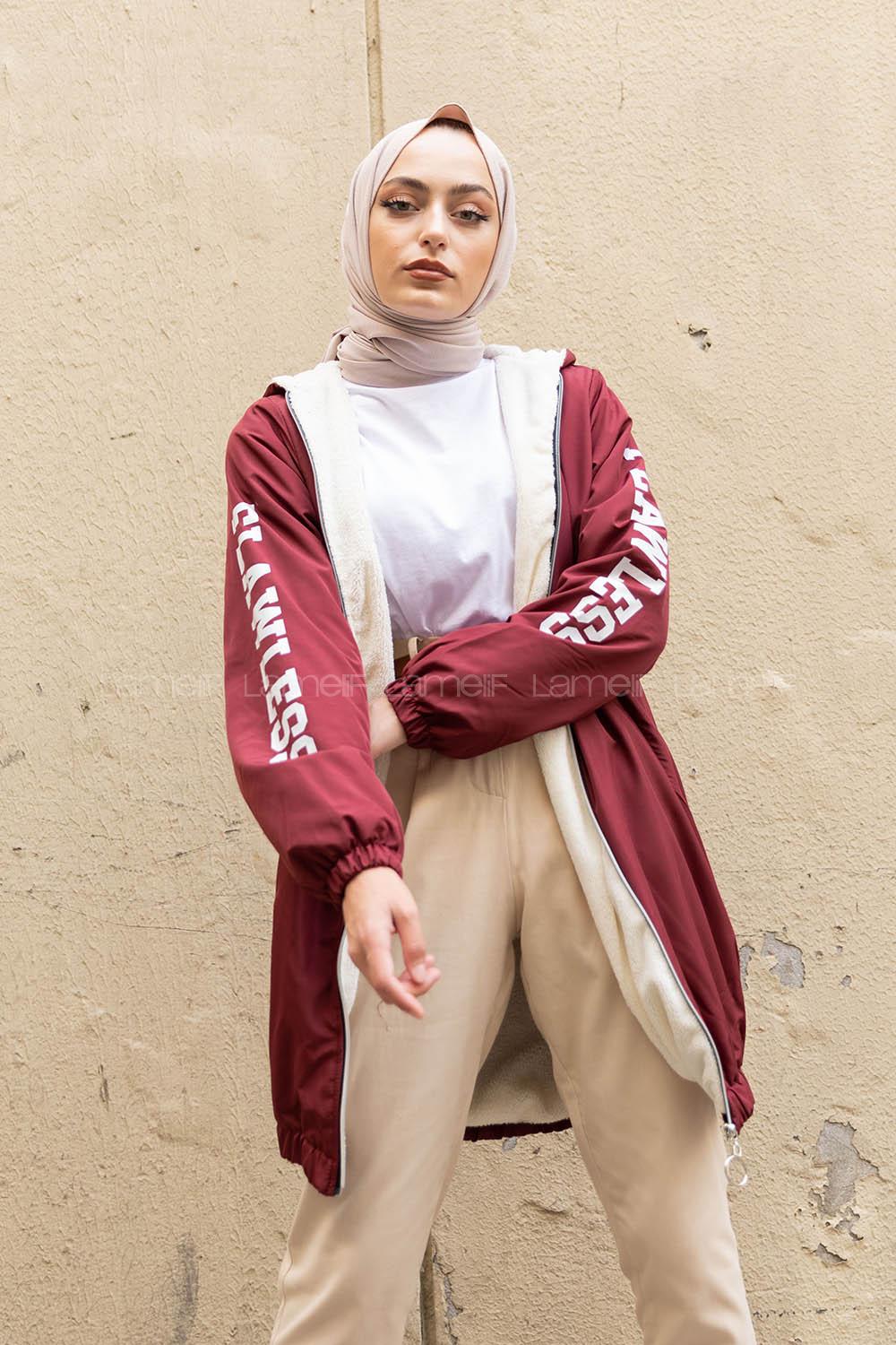 Modalamelif İçi Kürklü Kapşonlu Mont Bordo