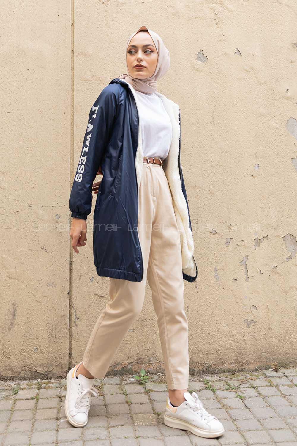 Modalamelif İçi Kürklü Kapşonlu Mont Lacivert