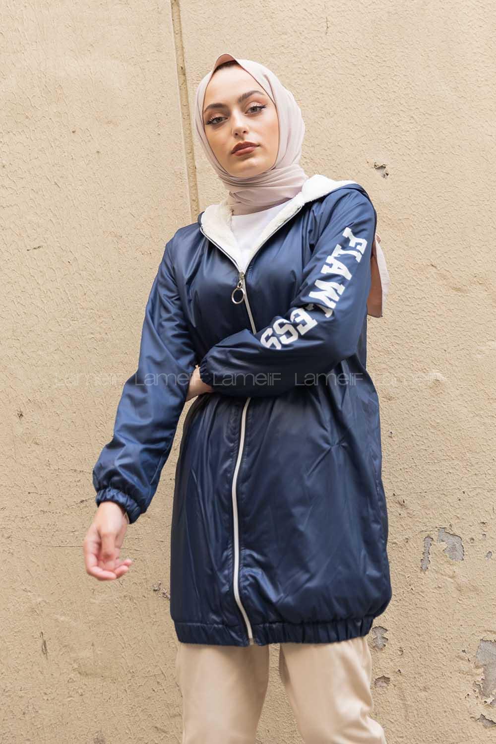 Modalamelif İçi Kürklü Kapşonlu Mont Lacivert